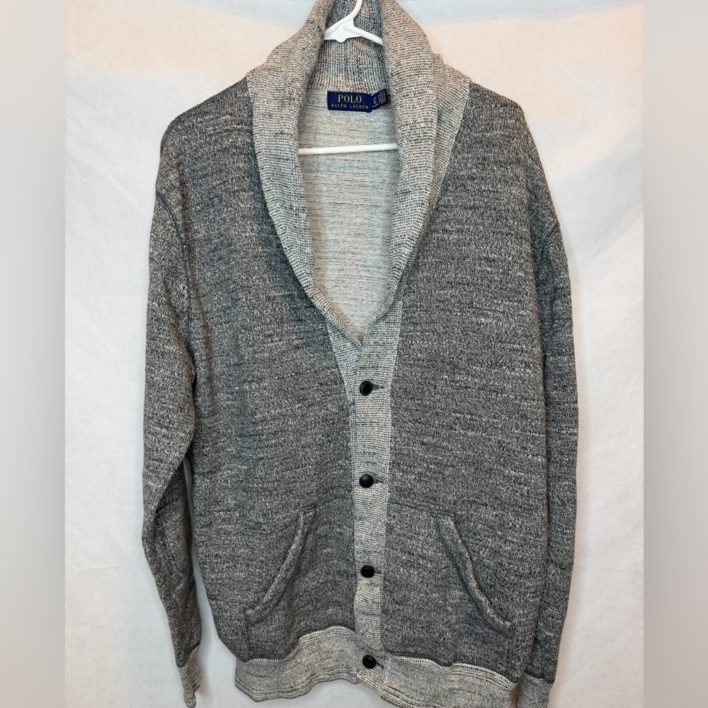 Polo Ralph Lauren Gray 100% Cotton Shawl Collar Cardigan Sweater Size Large Tall